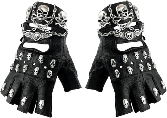 Skulls Men Women Uniesex Leather Gloves Metal Chain Cosplay Goth Fingerless Gloves
