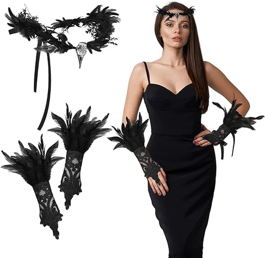 2 Pcs Halloween Crow Feather Costume Accessories for Women Include Gothic Black Crown Gloves Skull Headpiece