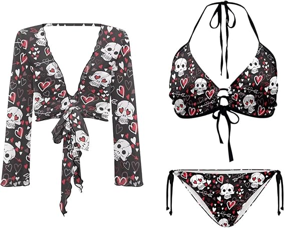 Womens Three Piece Swimsuit Set Triangle High Waisted Bikini with Long Sheer Cover Up Top