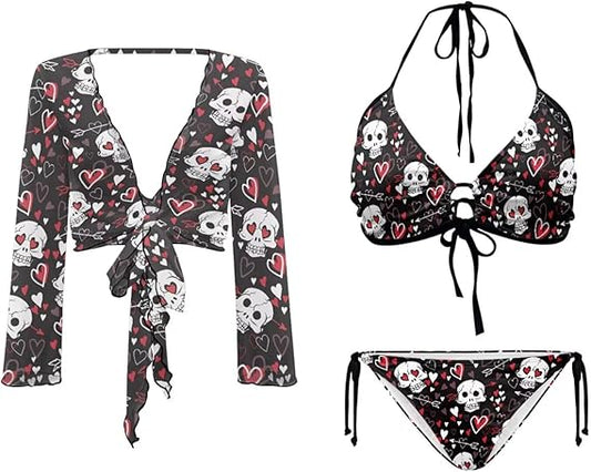 Womens Three Piece Swimsuit Set Triangle High Waisted Bikini with Long Sheer Cover Up Top