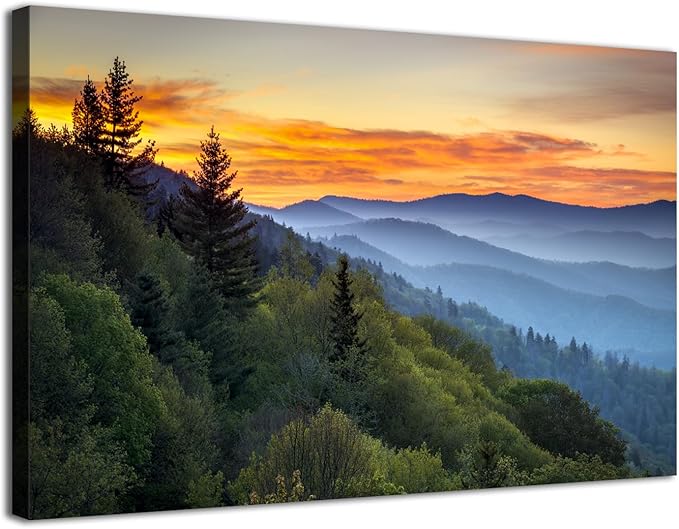 Sunset Mountain Wall Art for Living Room, Nature Blue Ridge Mountain Picture Canvas Prints National Park Landscape Poster Photo Trees Forest Painting Artwork Framed Home Office Decorations 12x16”