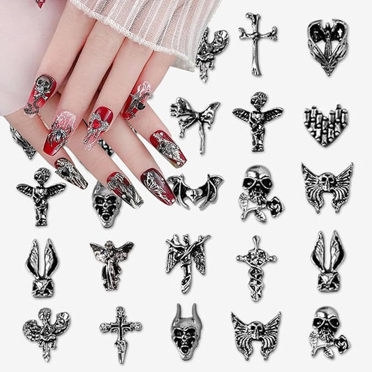 30PCS Halloween Nail Charms 3D Sliver Nail Rhinestone Dark Retro Metal Crystal Nail Jewels Gems for Halloween Nails Designs Gothic Shiny Alloy Bat Skull Nail Art Charms for Acrylic Nails Supplies