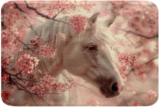 Erosebridal White Horse Bathroom Rug 20x32 for Kids Boys Horse Printed Bath Mat,Farmhouse Animal Bathroom Floor Mat Girls Pink Cherry Blossoms Carpet Horse Themed Door Mat