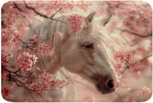 Erosebridal White Horse Bathroom Rug 20x32 for Kids Boys Horse Printed Bath Mat,Farmhouse Animal Bathroom Floor Mat Girls Pink Cherry Blossoms Carpet Horse Themed Door Mat