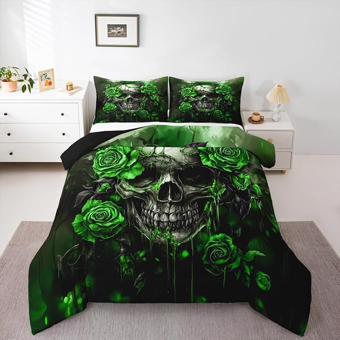 Erosebridal Gothic Skull Bedding Set Queen Rose Sugar Skull Halloween Comforter Set for Adults Men Women,Green Floral Spooky Skeleton Comforter Plants Flowers Rose Quilt Duvet