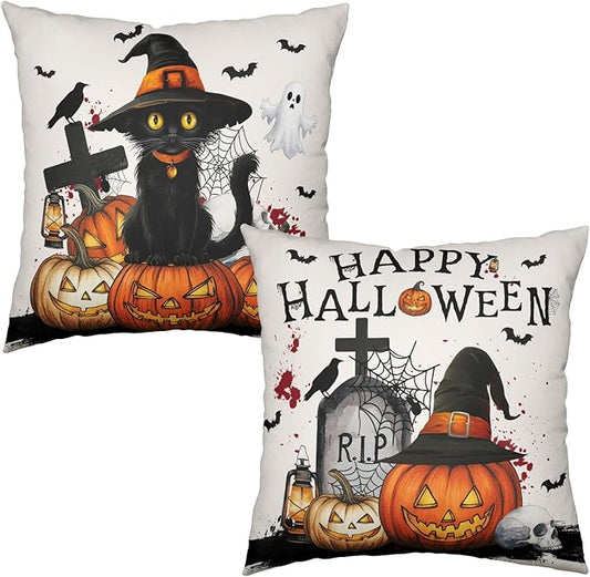 Happy Halloween Pillow Covers 18x18 Set of 2 Cat Pumpkin Spooky Throw Pillow Cases Spider Web Skull Ghost Outdoor Decorative Pillowcases for Bed Couch Sofa Living Room