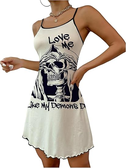 Women's Nightgown Gothic Striped Letter Graphic Cami Slip Dress Spaghetti Strap Nightdress