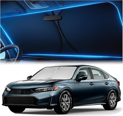 Windshield Sunshade for Honda Civic 2022 2023 2024 2025 2026 - Innovative No-Light-Pass Technology, Mirror Cut-Out, Blocks 99% UV Rays, Fade-Resistant, Easy-Fold Civic Windshield Sun Shade