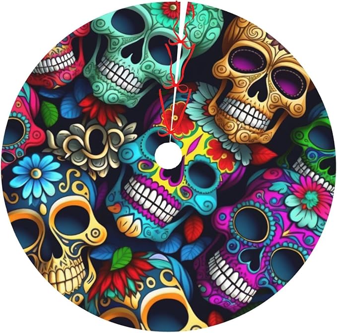 Sugars Skulls Christmas Tree Skirt, Thickened Apron, Xmas Tree Skirts Mat for Home Farmhouse Party Holiday Decor