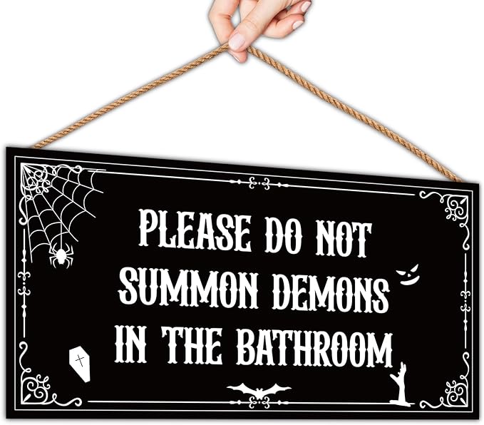 Vintage Funny Gothic Halloween Bathroom Decor, Witchy Gothic Decor Indoor, Please Do Not Summon Demons In The Bathroom Wooden Sign for Wall, 5.9 * 11.8 Inch