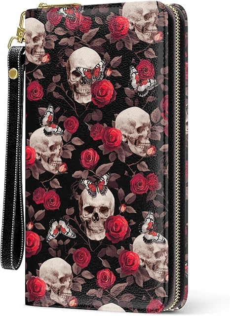 Womens Wallet, Gothic Skull Skeleton Wristlet Wallet For Women, Aesthetic Card Holder Purse, Birthday Christmas Graduation Gifts For Women, Funny Skull Roses Aesthetic Office Daily Purse