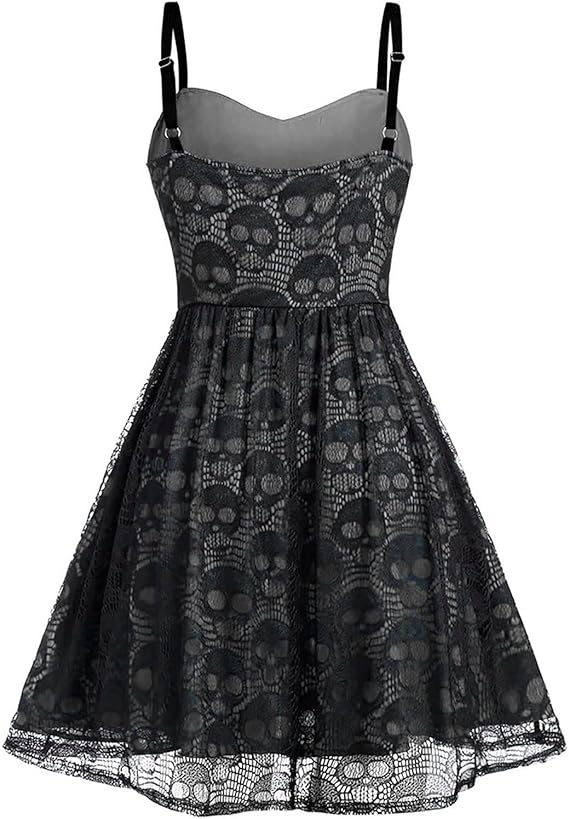 Women's Punk Dress Halloween Gothic Steampunk Dress Skull Print Lace Swing Dress Spaghetti Strap Mini Dress