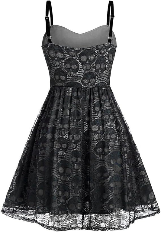 Women's Punk Dress Halloween Gothic Steampunk Dress Skull Print Lace Swing Dress Spaghetti Strap Mini Dress