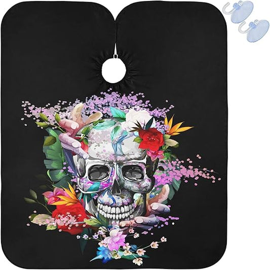 visesunny Barber Cape Skull Rose Tattoo Pattern Polyester Hair Cutting Salon Cape Apron Anti-Static Haircut Water-Resistant Shaving Cloth Beard Shaving Bib Hairdressing Cape