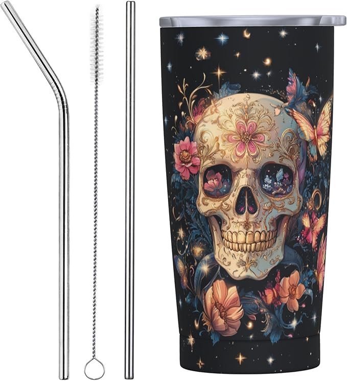 Skull Tumbler with Lid and Straw 20 oz Stainless Steel Cup Vacuum Insulated Leakproof Coffee mug for Home Office Travel Holiday Gifts
