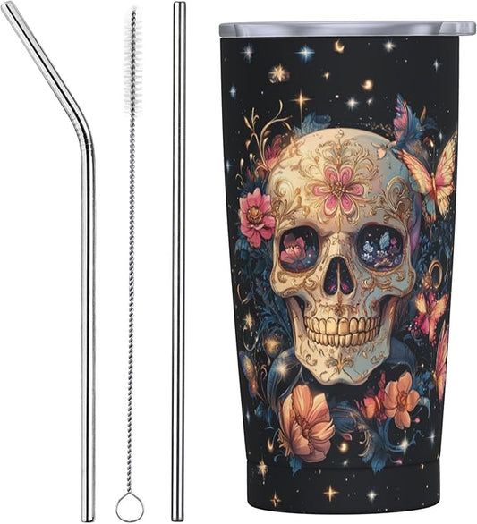 Skull Tumbler with Lid and Straw 20 oz Stainless Steel Cup Vacuum Insulated Leakproof Coffee mug for Home Office Travel Holiday Gifts