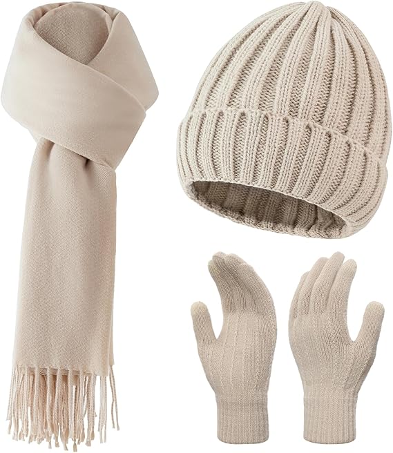 Winter Hat Beanie Long Scarf Touchscreen Gloves Set, 3Pcs Soft Thick Fleece Lined Gloves Skull Cap Scarf Set for Women Men