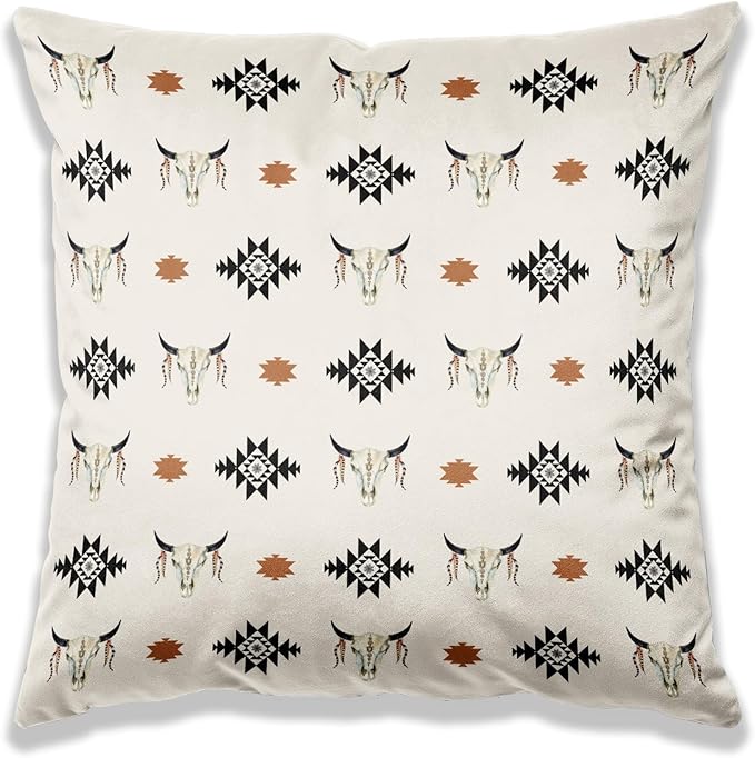 Aztec Boho Western Throw Pillow Covers 18x18, Cow Skull Pillow Covers, Western Cow Skull Decor, Pillowcases for Home.