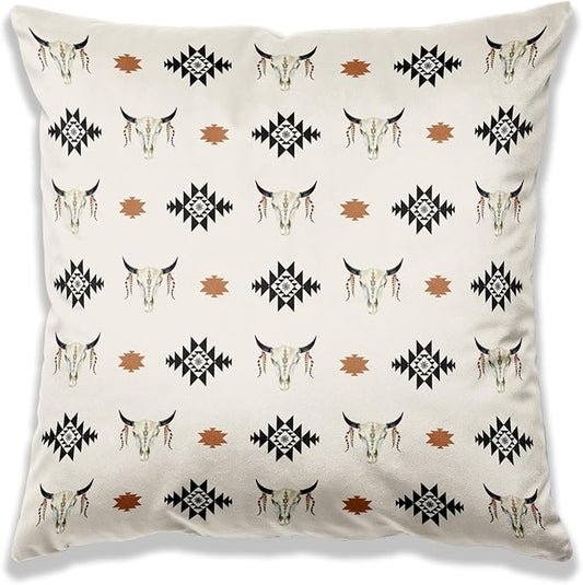 Aztec Boho Western Throw Pillow Covers 18x18, Cow Skull Pillow Covers, Western Cow Skull Decor, Pillowcases for Home.