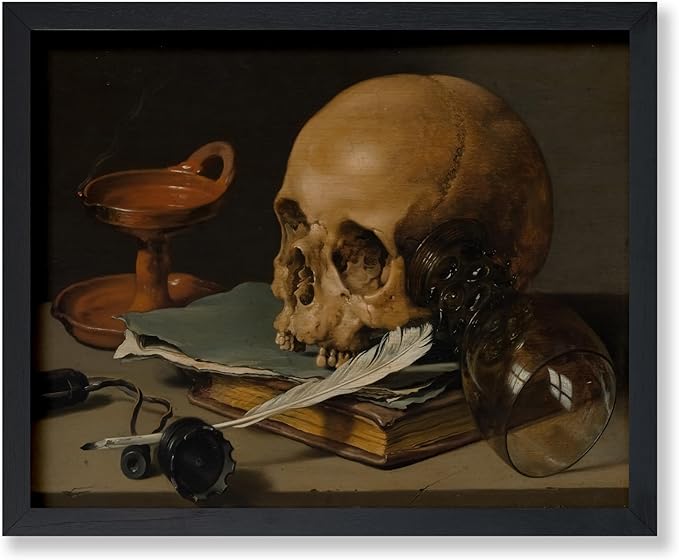 Poster Master Vintage Skull Poster - Retro Skull and a Writing Quill Painting Print - Macabre Art - Goth Gift for Him, Her - Halloween Decor for Library, Office, Living Room - 8x10 UNFRAMED Wall Art