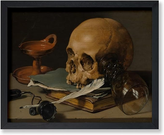 Poster Master Vintage Skull Poster - Retro Skull and a Writing Quill Painting Print - Macabre Art - Goth Gift for Him, Her - Halloween Decor for Library, Office, Living Room - 8x10 UNFRAMED Wall Art