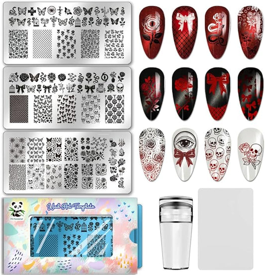 PH PandaHall 3pcs Gothic Style Nail Stamping Plates Skull Rose Nail Art Stencil Spooky Nails Art Templates Butterfly Bows Nails Stamper Plate for DIY Women Manicures Salon Printing Design