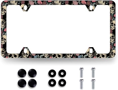 Skulls Flowers License Plate Frame Colorful Skull License Plate Stainless Steel Funny Accessories Cars Decor 12.2 X 6.2 Inch with 4 Holes and Screws Fits Standard Us Ca Vehicles