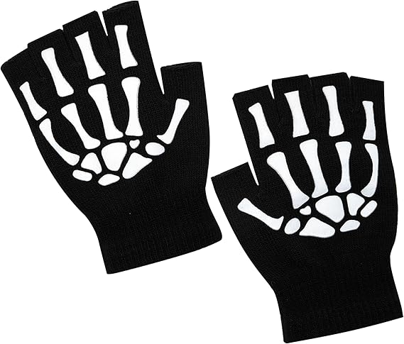 Fingerless Skeleton Gloves Glow in The Dark, Halloween Costume Accessories for Adults