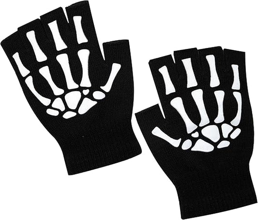 Fingerless Skeleton Gloves Glow in The Dark, Halloween Costume Accessories for Adults
