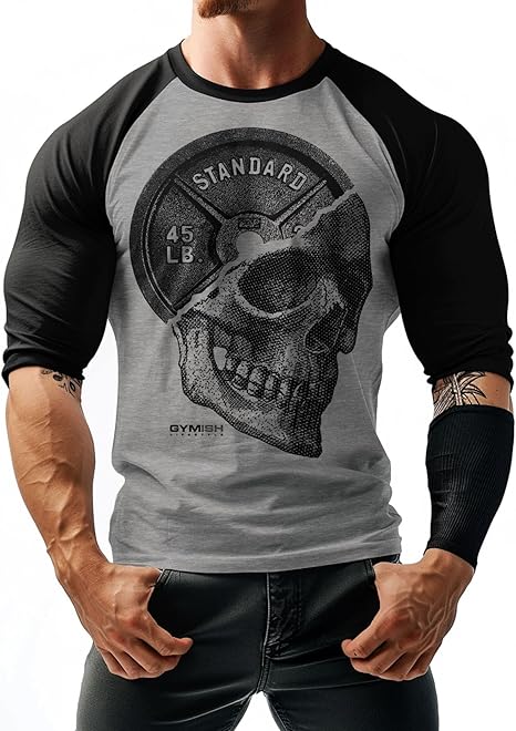 Gymish Lifestyle Skull Plate Raglan Workout T-Shirts for Men 3/4 Sleeve Body Building Shirt