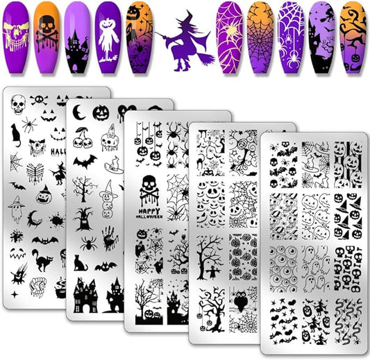 PH PandaHall 5pcs Halloween Nail Stamping Plate, Ghost Witch Nail Stencils Skull Pumpkin Nail Stamps Nail Art Stamping Plate Stainless Steel Print Nail Stencils for Nail Art Design Manicure Salon