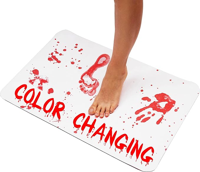 The Murder Mat - Color Changing Horror Bath Mat with Red Footprint Effect – Scary Bathroom Decor for Halloween or Pranks