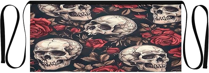 Server Aprons with 3 Pockets - Skull and Roses Waitress Apron for Adults, Half Apron for Women Men