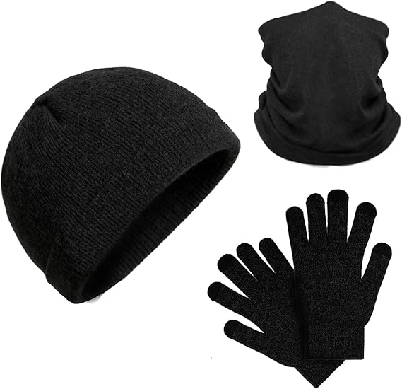 3PCS Winter Hats Neck Gaiter Gloves Set Knit Warmer Winter Skull Cap Beanie for Women Windproof Face Cover Warm Gloves with Soft Frabic Suitable for Outdoor, Christmas Gifts for Women Men,Black