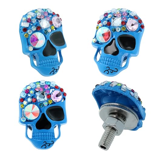 Skull License Plate Screws Frame Fasteners Motorcycle License Plate Bolts Kit Cool Funny Sparkling Diamonds Inlay Decoration Aluminum Alloy Stainless Steel Fit Most Cars Truck 4 Pcs (Blue)