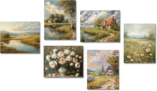 Set of 6 Vintage French Country Wall Decor Landscape Wall Art Flower Art Prints Gallery Wall Art for Farmhouse Bedroom Living Room 8x10 in Unframed