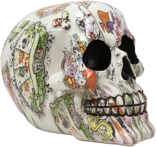 Ebros Gift Day of The Dead God of Gamblers Playing Cards Poker Face Floral Tattoo Sugar Skull Statue As Decorative Halloween Prop Gothic Haunted Themed Skeleton Cranium Figurine