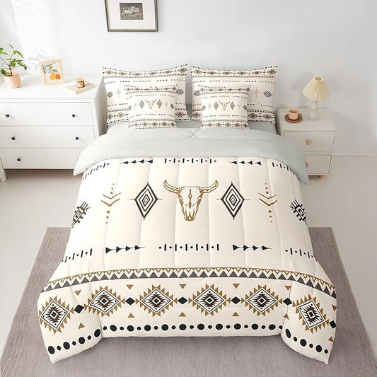 Erosebridal Western Cowboy Queen Size Bed in A Bag, Bull Skull Comforter Set with Sheets for Room, Boho Aztec Ethnic Horns 7 Pcs Bedding Set, Southwestern Native Bedding Comforter Sets