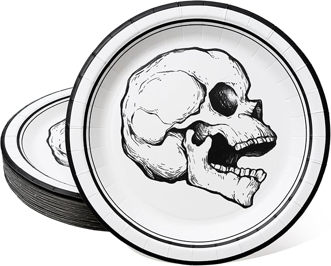 Cheerland Skull Party Paper Plates for Halloween Party Decorations Spooky Scary Skeleton Birthday Party Decoration and Supplies Undead Blck and White Gothic Decor 9 Inches (Pack of 24)