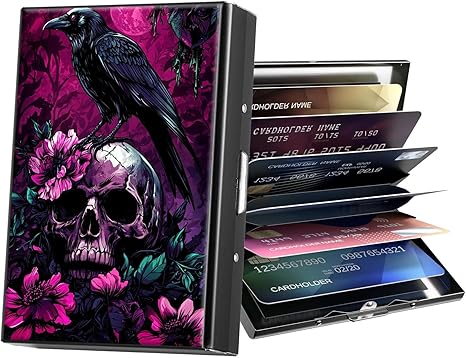 Metal Wallet,Credit Card Holder for Women Men,RFID Blocking Card Holder Wallet Mini Slim Aluminum Wallet ID Case Hard Card Case Business Card Holder Case,Flower Skull Crow