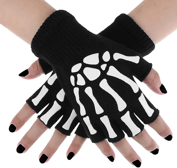 Halloween Skeleton Glow in The Dark Mechanic Luminous Winter Warm Fingerless Skull Bone Gloves for Adult Men Women Halloween Costume Accessories