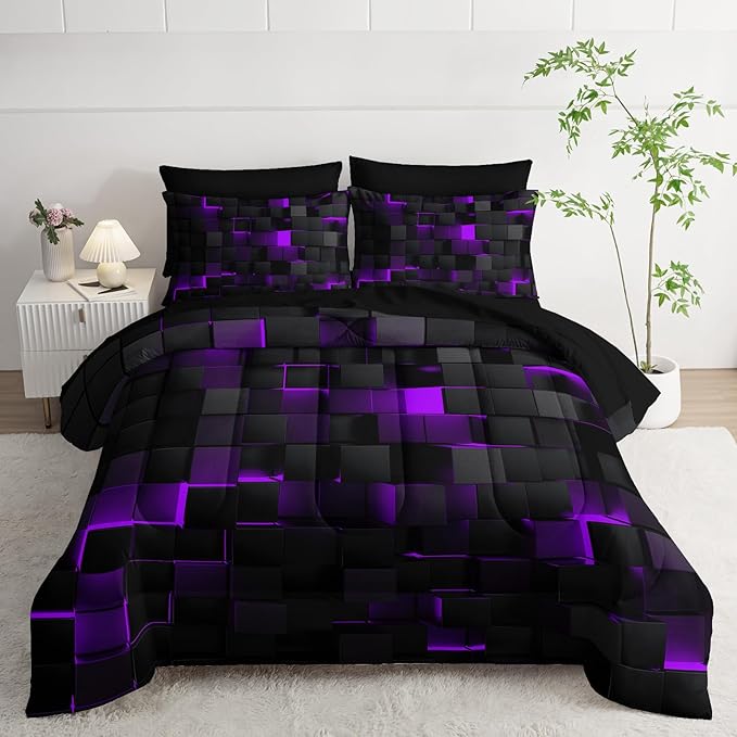 Geometric Violet Black Twin Comforter Set,Light Honeycomb Bedding Set 7 Piece in A Bag,Bed Sheet Set Geometry Decor,Microfiber Lightweight All Season
