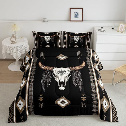Feelyou Boys Girls Western Bull Skull Bedding Set Queen Size, Southwestern Aztec Comforter Set Kids Boho Tribal Comforter Ethnic Bohemian Rustic Country Teens Duvet Set with 2 Pillow Case