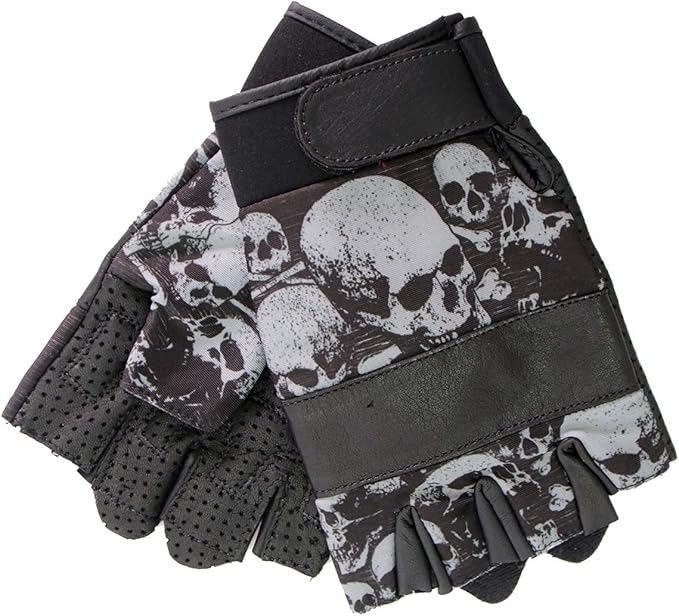 GVM3009 Uni-Sex Black 'Ancient Skulls' Fingerless Leather Gloves