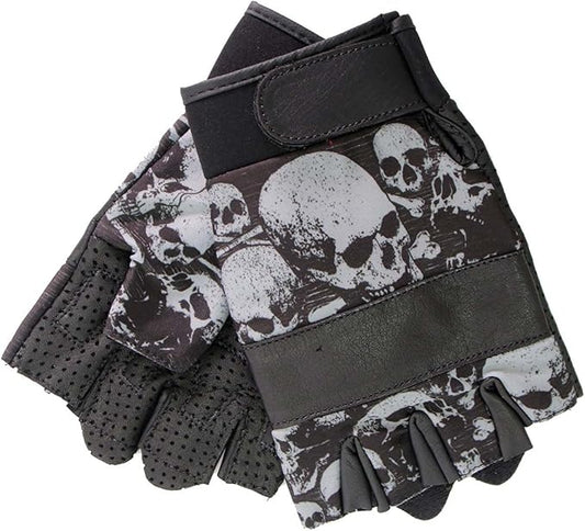 GVM3009 Uni-Sex Black 'Ancient Skulls' Fingerless Leather Gloves