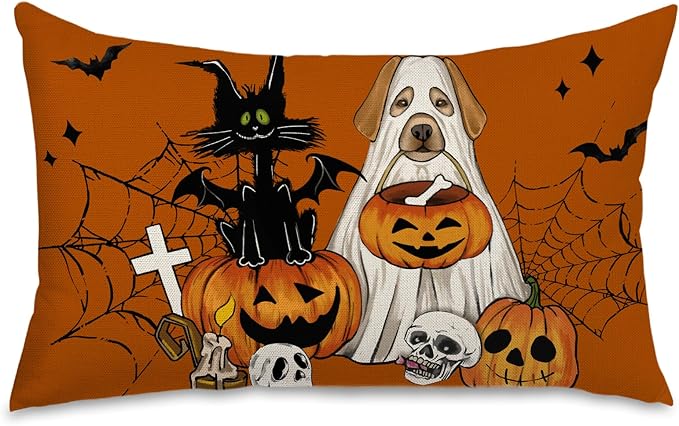 Halloween Lumbar Pillow Cover 12x20 Inch Ghost Jack O'Lantern Skull Cat Bat Throw Pillow Case for Holiday Farmhouse Decorations Sofa Couch