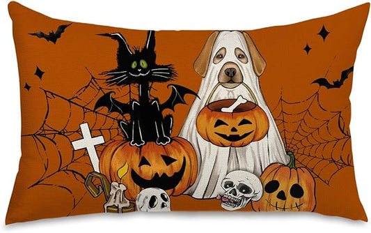 Halloween Lumbar Pillow Cover 12x20 Inch Ghost Jack O'Lantern Skull Cat Bat Throw Pillow Case for Holiday Farmhouse Decorations Sofa Couch