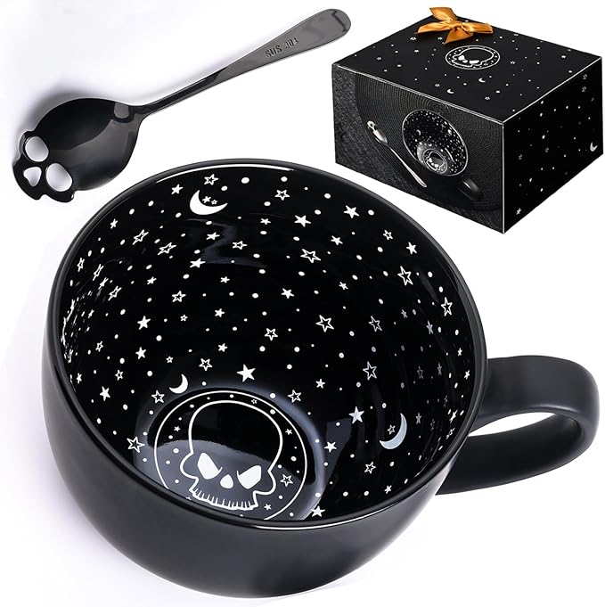 Midnight Skull Coffee Mugs with Spoons, Halloween Christmas Birthday White Elephant Gifts for Adult Women Men Friends, Spooky Witchy Gag Fun Gifts Gothis Decor Novelty Tea Cups