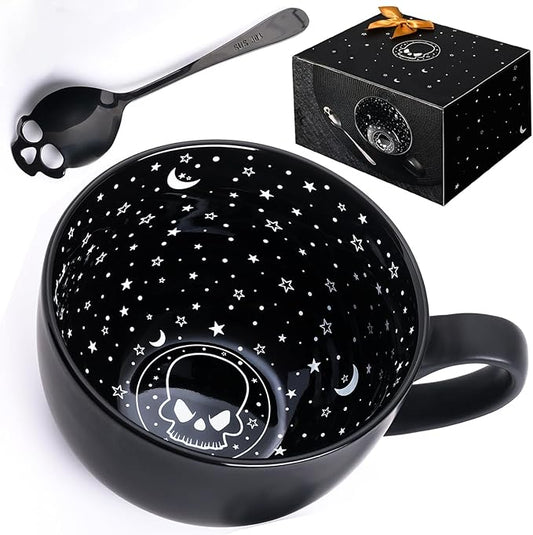 Midnight Skull Coffee Mugs with Spoons, Halloween Christmas Birthday White Elephant Gifts for Adult Women Men Friends, Spooky Witchy Gag Fun Gifts Gothis Decor Novelty Tea Cups