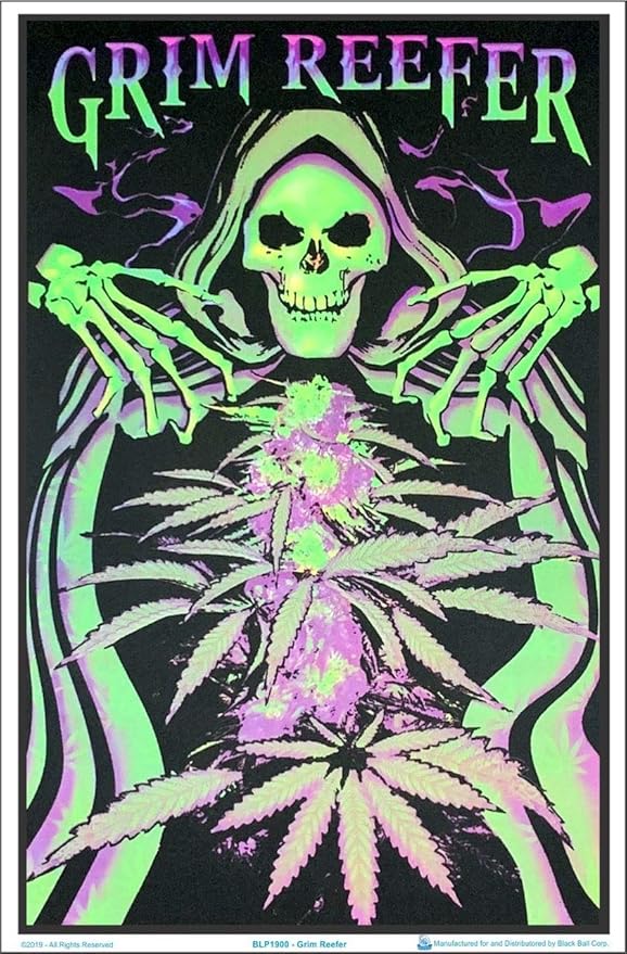 Scorpio Posters Grim Reefer - Pot, Marijuana Blacklight Poster - Authentic Blacklight-Reactive Flocked Material - 23" x 35"